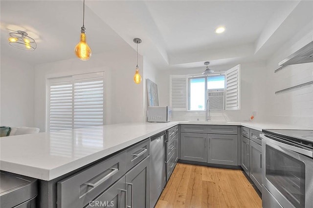 810 Edgewood St Unit 302, Inglewood, CA 90302 - kitchen featuring gray cabinetry, a peninsula, a sink, appliances with stainless steel finishes, and light wood-style flooring