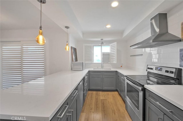 810 Edgewood St Unit 302, Inglewood, CA 90302 - kitchen featuring electric stove, wall chimney exhaust hood, gray cabinets, white microwave, and a sink