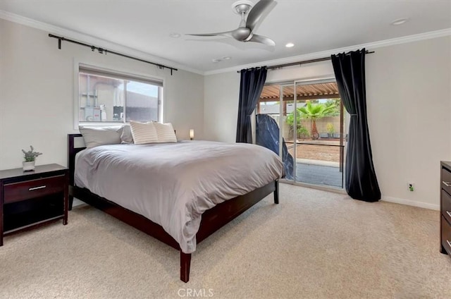 2815 E Coolidge Ave, Orange, CA 92867 - bedroom with access to exterior, crown molding, light colored carpet, baseboards, and recessed lighting