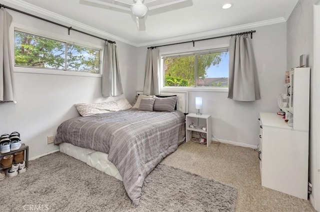 2815 E Coolidge Ave, Orange, CA 92867 - bedroom featuring multiple windows, light carpet, ornamental molding, baseboards, and a ceiling fan