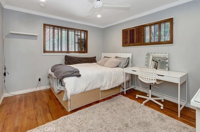 2815 E Coolidge Ave, Orange, CA 92867 - bedroom featuring ornamental molding, baseboards, wood finished floors, ceiling fan, and recessed lighting