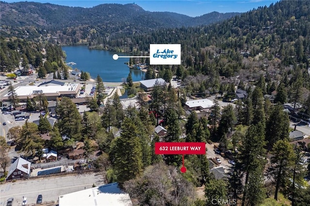632 Leebert Way, Crestline, CA 92325 - aerial view of property and surrounding area featuring a heavily wooded area and a water and mountain view
