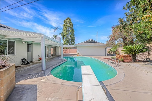 14242 Clarissa Ln, North Tustin, CA 92705 - view of swimming pool featuring a pergola, a patio, and a diving board