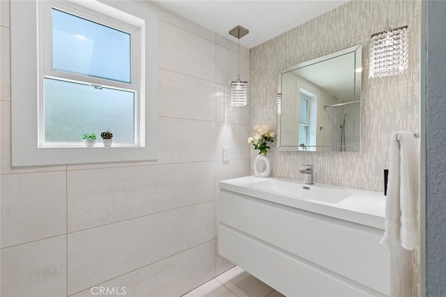 2160 S Hammatt, Anaheim, CA 92802 - bathroom with vanity, tile walls, and a shower