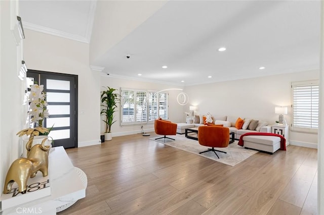 2160 S Hammatt, Anaheim, CA 92802 - living room featuring ornamental molding, baseboards, light wood-style flooring, and recessed lighting