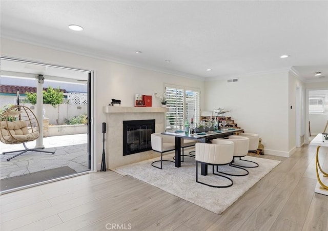 2160 S Hammatt, Anaheim, CA 92802 - living room featuring crown molding, a fireplace, wood finished floors, recessed lighting, and baseboards