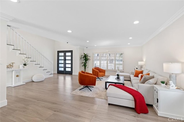 2160 S Hammatt, Anaheim, CA 92802 - living room featuring stairway, ornamental molding, light wood-type flooring, baseboards, and recessed lighting