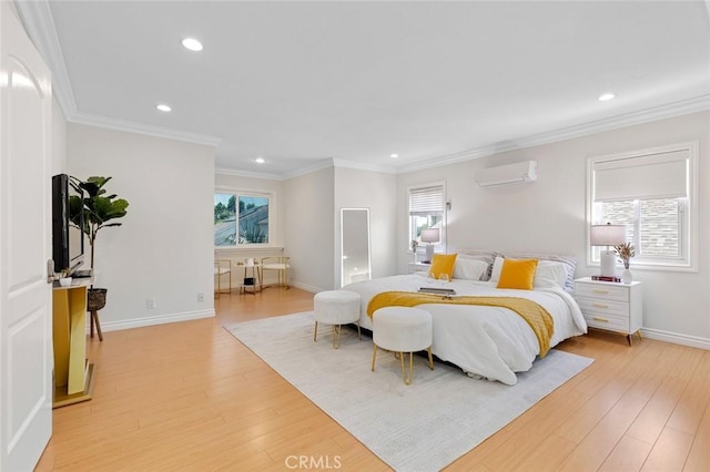 2160 S Hammatt, Anaheim, CA 92802 - bedroom featuring a wall unit AC, recessed lighting, light wood-style floors, baseboards, and crown molding