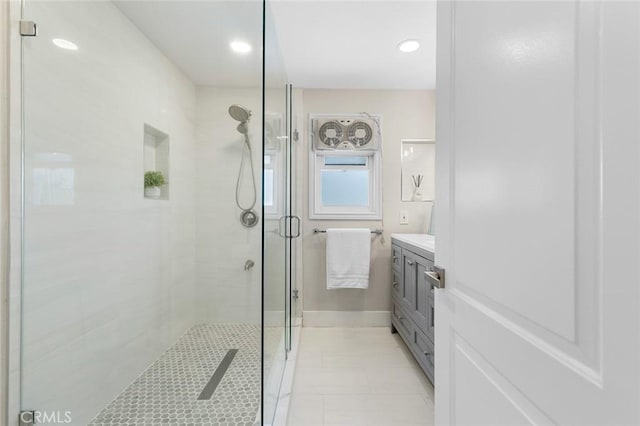 2160 S Hammatt, Anaheim, CA 92802 - bathroom featuring a shower stall, vanity, tile patterned flooring, and recessed lighting