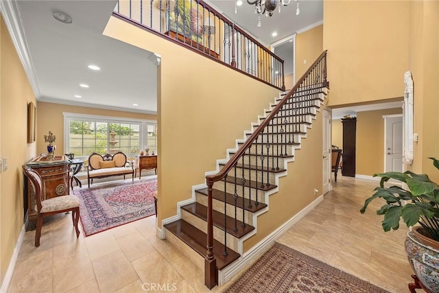 4541 Amberwood Ave, La Palma, CA 90623 - stairs with crown molding, baseboards, recessed lighting, tile patterned flooring, and a high ceiling
