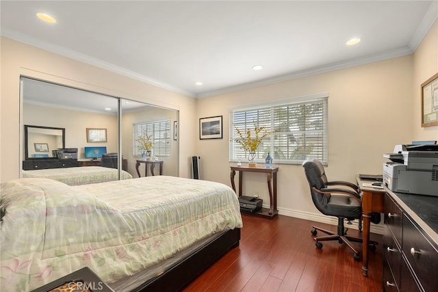 4541 Amberwood Ave, La Palma, CA 90623 - bedroom featuring multiple windows, an office area, baseboards, dark wood-type flooring, and recessed lighting