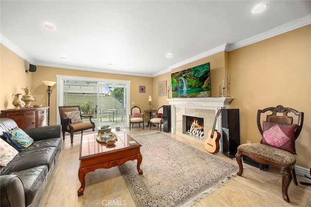 4541 Amberwood Ave, La Palma, CA 90623 - living area featuring crown molding, a premium fireplace, and recessed lighting