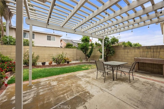 4541 Amberwood Ave, La Palma, CA 90623 - fenced backyard with outdoor dining area, a patio, and a pergola