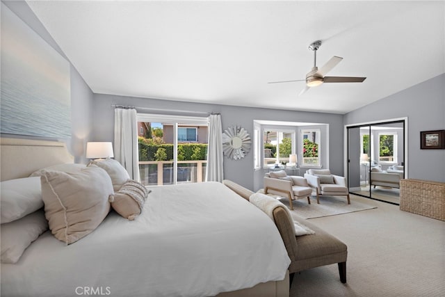 23982 Cormorant Ln, Laguna Niguel, CA 92677 - carpeted bedroom with access to outside, multiple windows, lofted ceiling, and a ceiling fan