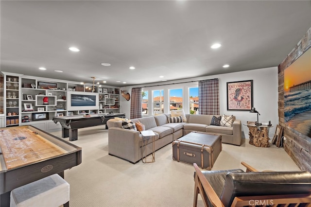 23982 Cormorant Ln, Laguna Niguel, CA 92677 - living room featuring light carpet, recessed lighting, and pool table