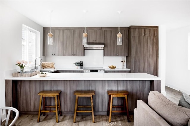 312 35th St, Newport Beach, CA 92663 - kitchen featuring a peninsula, light countertops, a sink, and a kitchen bar