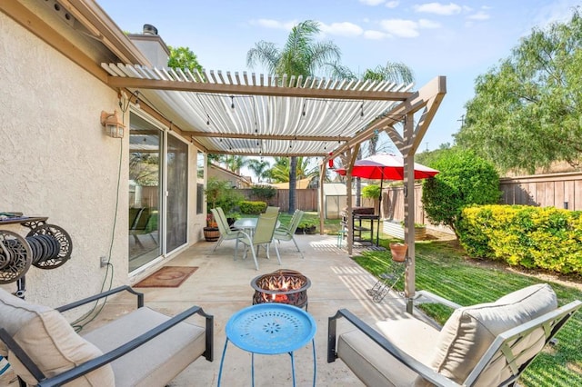 3374 Avocado Vista Ln, Fallbrook, CA 92028 - fenced backyard with an outdoor fire pit, a pergola, a patio area, and outdoor dining space