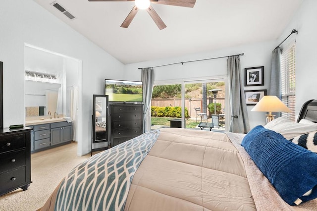 3374 Avocado Vista Ln, Fallbrook, CA 92028 - bedroom with access to outside, vaulted ceiling, connected bathroom, a ceiling fan, and light colored carpet