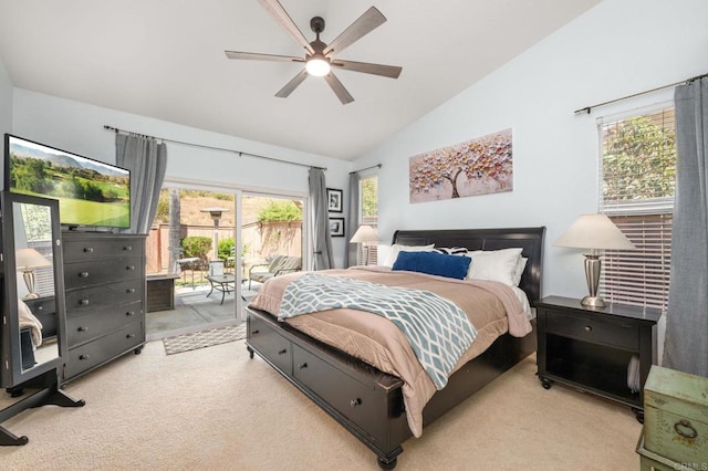 3374 Avocado Vista Ln, Fallbrook, CA 92028 - bedroom featuring vaulted ceiling, access to outside, carpet floors, and ceiling fan