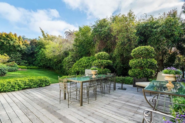 7716 Lookout Dr, La Jolla, CA 92037 - wooden terrace featuring outdoor dining space and a lawn