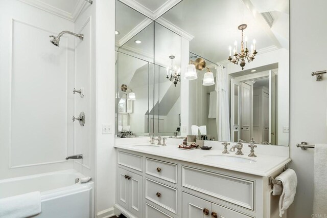 7716 Lookout Dr, La Jolla, CA 92037 - full bathroom featuring a chandelier, crown molding, double vanity, and shower / tub combination