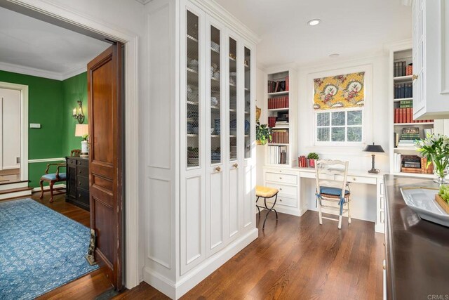 7716 Lookout Dr, La Jolla, CA 92037 - office featuring dark wood finished floors, recessed lighting, and ornamental molding