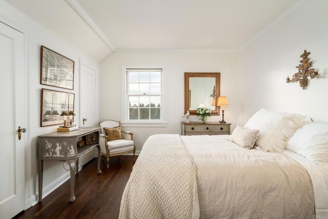 7716 Lookout Dr, La Jolla, CA 92037 - bedroom featuring dark wood-style floors, ornamental molding, baseboards, and lofted ceiling