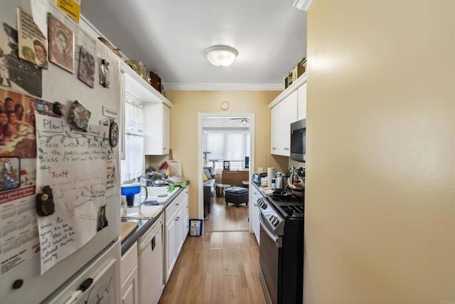 321 E Meda Ave, Glendora, CA 91741 - kitchen with stainless steel appliances, white cabinets, light wood finished floors, and crown molding