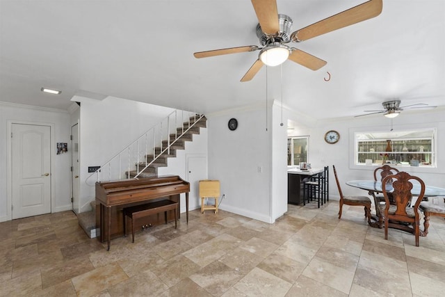 1220 Hoover St, Escondido, CA 92027 - sitting room featuring a ceiling fan, stairway, ornamental molding, and stone finish floors