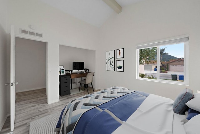 4938 Dulin Rd, Fallbrook, CA 92028 - bedroom featuring beamed ceiling, light wood-style floors, and high vaulted ceiling