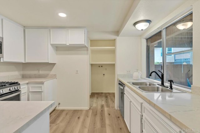 10264 Michala Pl, Santee, CA 92071 - kitchen with a sink, light wood-style floors, white cabinetry, stainless steel appliances, and recessed lighting