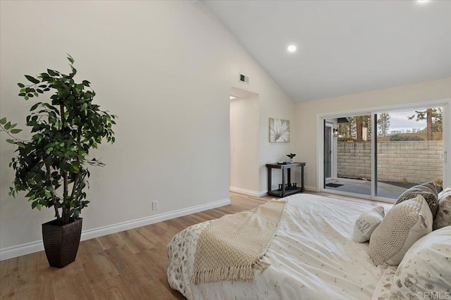 1208 Via Viento Suave, San Marcos, CA 92078 - bedroom with access to exterior, baseboards, high vaulted ceiling, wood finished floors, and recessed lighting