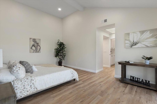 1208 Via Viento Suave, San Marcos, CA 92078 - bedroom featuring wood finished floors, baseboards, beam ceiling, high vaulted ceiling, and recessed lighting
