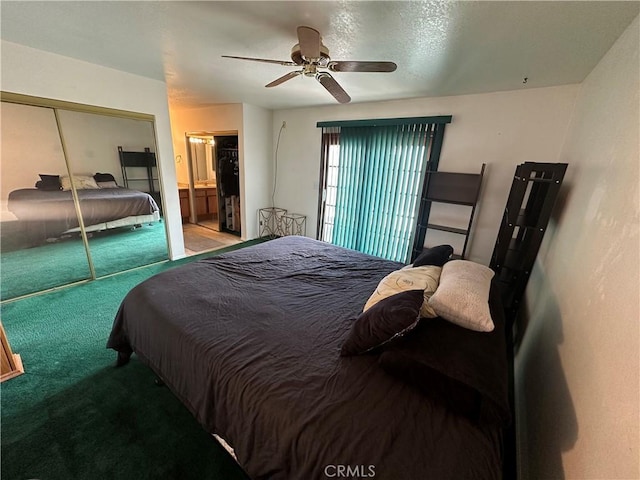 37824 Queensboro Ct, Palmdale, CA 93552 - bedroom with carpet flooring, a closet, a ceiling fan, and ensuite bath