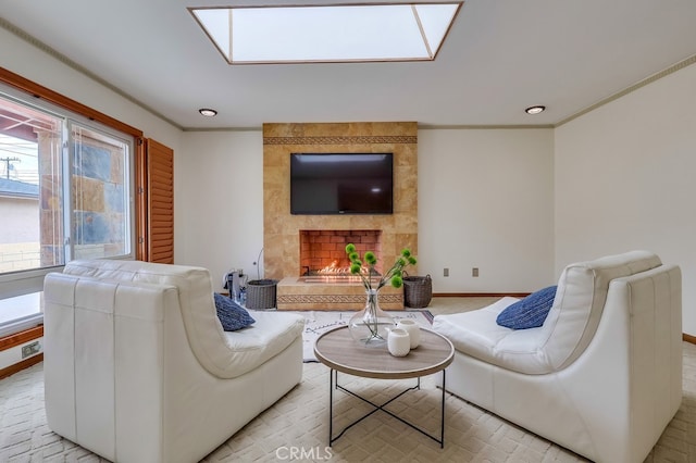 2818 W 166th St, Torrance, CA 90504 - living room with a fireplace, ornamental molding, a skylight, and recessed lighting