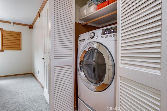 2818 W 166th St, Torrance, CA 90504 - laundry area featuring washer / clothes dryer, carpet flooring, and crown molding