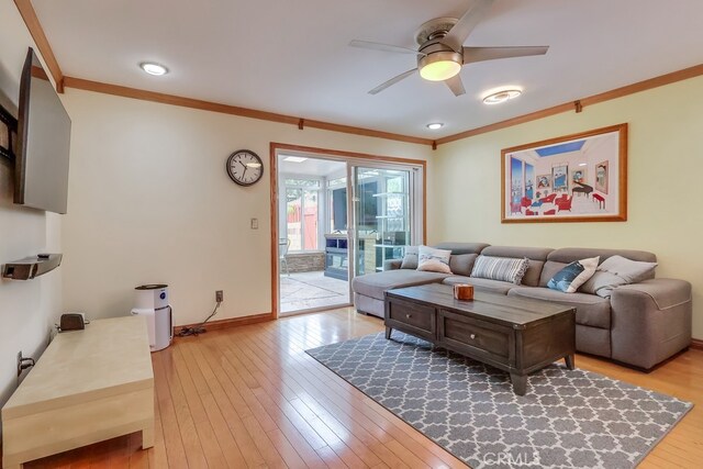 2818 W 166th St, Torrance, CA 90504 - living room with ceiling fan, ornamental molding, and hardwood / wood-style flooring