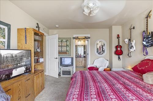 26941 Stirrup Way, Tehachapi, CA 93561 - bedroom with carpet flooring, a barn door, and connected bathroom