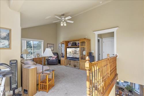 26941 Stirrup Way, Tehachapi, CA 93561 - living room with lofted ceiling, carpet floors, and ceiling fan