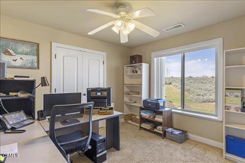 26941 Stirrup Way, Tehachapi, CA 93561 - office space with ceiling fan, baseboards, and light colored carpet