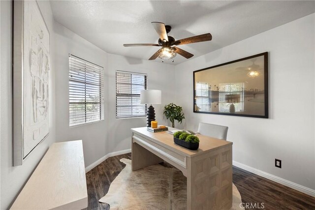 21011 Marin Unit 103, Lake Forest, CA 92630 - home office with a ceiling fan and dark wood-style flooring