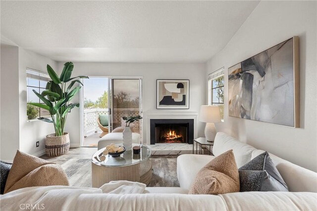 21011 Marin Unit 103, Lake Forest, CA 92630 - living room with healthy amount of natural light, a warm lit fireplace, and wood finished floors