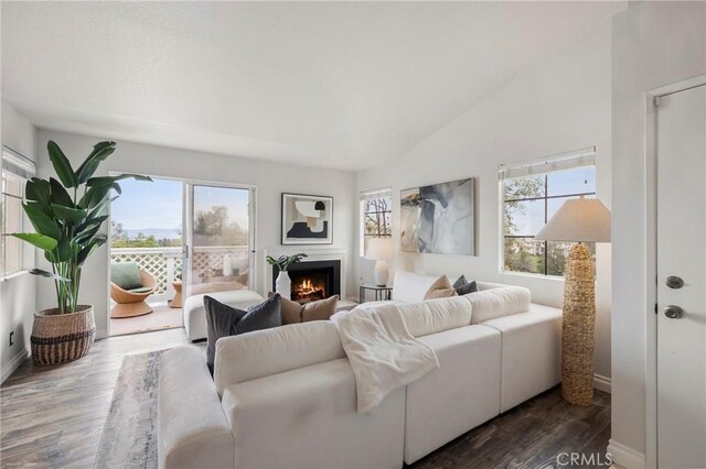 21011 Marin Unit 103, Lake Forest, CA 92630 - living room with healthy amount of natural light, a warm lit fireplace, wood finished floors, and lofted ceiling