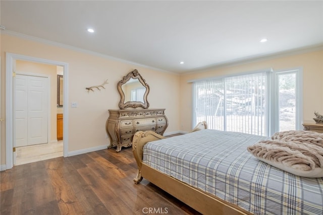 19941 Hiawatha St, Chatsworth, CA 91311 - bedroom with crown molding, baseboards, dark wood-style floors, and recessed lighting