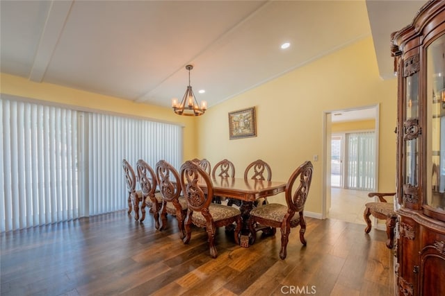 19941 Hiawatha St, Chatsworth, CA 91311 - dining room with lofted ceiling, a chandelier, wood finished floors, and recessed lighting