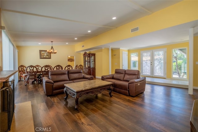 19941 Hiawatha St, Chatsworth, CA 91311 - living room featuring dark wood-style flooring, beam ceiling, a chandelier, and recessed lighting