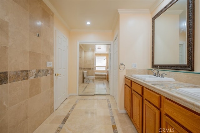 19941 Hiawatha St, Chatsworth, CA 91311 - full bath featuring vanity, crown molding, inlaid floor details, baseboards, and recessed lighting