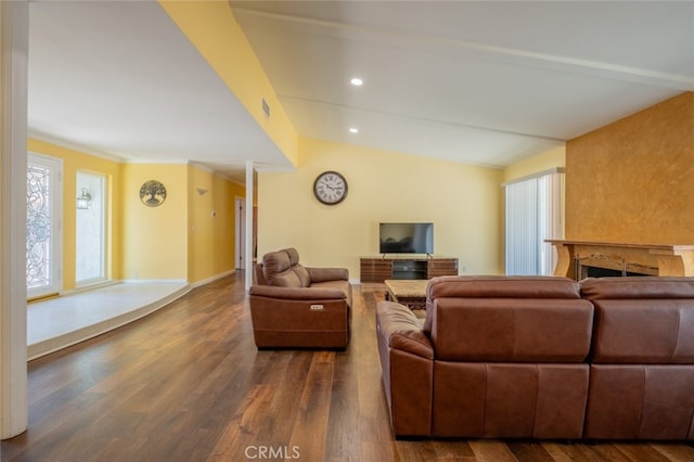 19941 Hiawatha St, Chatsworth, CA 91311 - living room featuring wood finished floors, a premium fireplace, baseboards, and recessed lighting