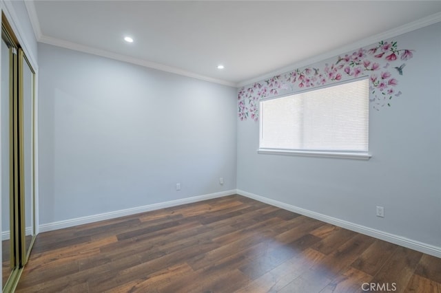 19941 Hiawatha St, Chatsworth, CA 91311 - unfurnished bedroom featuring crown molding, dark wood-style flooring, baseboards, a closet, and recessed lighting