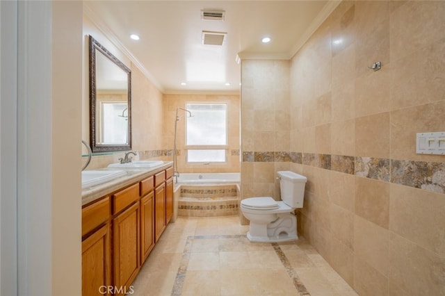 19941 Hiawatha St, Chatsworth, CA 91311 - full bath with tile walls, a relaxing tiled tub, ornamental molding, toilet, and inlaid floor details
